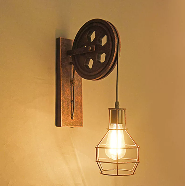 Industrial Wall Lamp Vintage Wood Metal Rustic Light Fixture
