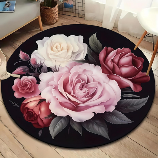 Runder Plüschteppich floral für Wohnzimmer, Schlafzimmer und Büro