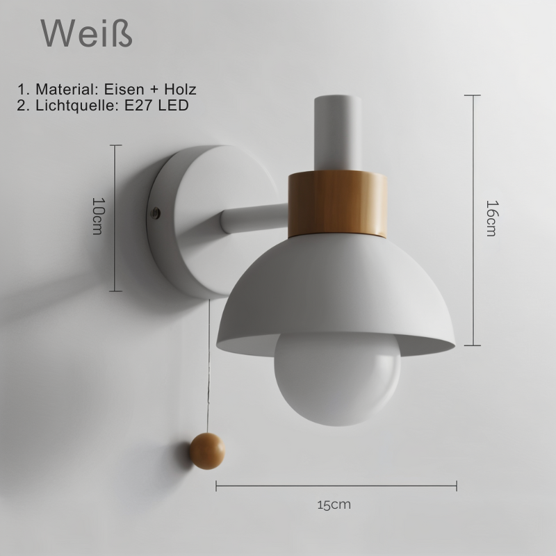 Holz-Wandleuchte minimalistisch mit Zugschalter in Pastellfarben für Zuhause