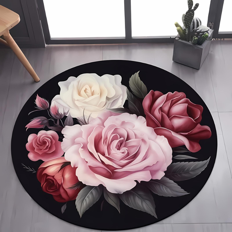 Runder Plüschteppich floral für Wohnzimmer, Schlafzimmer und Büro