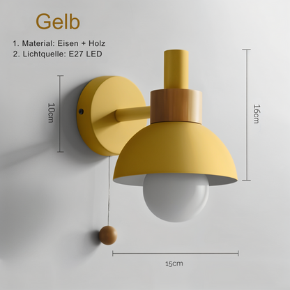 Holz-Wandleuchte minimalistisch mit Zugschalter in Pastellfarben für Zuhause