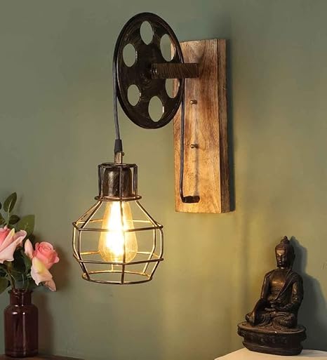 Industrial Wall Lamp Vintage Wood Metal Rustic Light Fixture