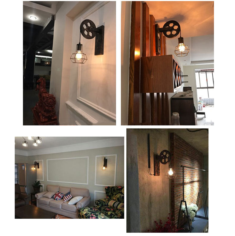 Industrial Wall Lamp Vintage Wood Metal Rustic Light Fixture